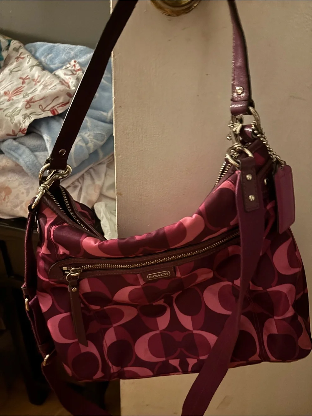 Coach Signature Shoulder Bag in Wine and Pink
